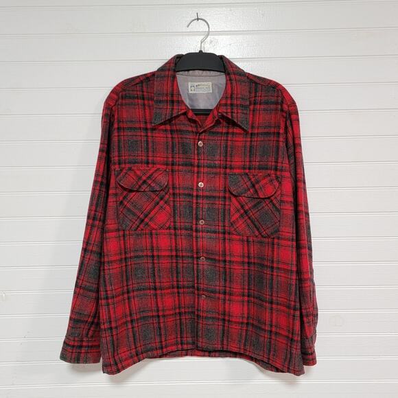 Vintage 80s Wool Flannel Shirt Jacket Mens Size Large Plaid Lumberjack JM Fields - Picture 1 of 6